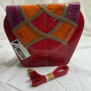 New J Renee Purse Snakeskin Red Purple Orange Gold Clutch Strap Vintage